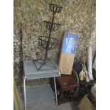 A mixed lot to include an oak nest of tables, brass standard lamp, plant stand, boxed swing,