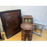 A 19th century oak corner cabinet, a mahogany sewing table, and a blue joint stool and a North