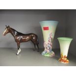 A Clarice Cliff My Garden trumpet shaped vase, and a similar smaller vase, along with a Beswick