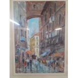 An oil on canvas depicting a Continental street scene, 69cm x 48cm framed and indistinctly signed to