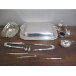 Mixed silver plate to include condiment sets, nut crackers and picks, bon bon dish and a serving