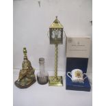 A Royal Worcester Royal Marriage loving cup, a Satsuma figure lamp, a brass lamp in the form of a