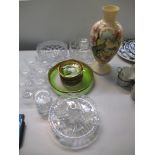 A selection of cut and art glass to include a set of six champagne coupes, and a Victorian enamelled