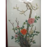 A modern Chinese porcelain panel depicting budding and flowering peonies on branches forming from
