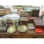 A group of vintage tins to include a MacFarlane & Lang biscuit tin, mixed linen, Japanese antimony