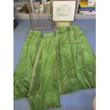 A copper framed and wirework folding fire guard, two pairs of green velvet curtains, a pencil