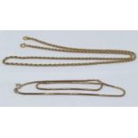A 9ct gold rope chain necklace together with a 9ct rose gold box chain necklace, total weight 15g