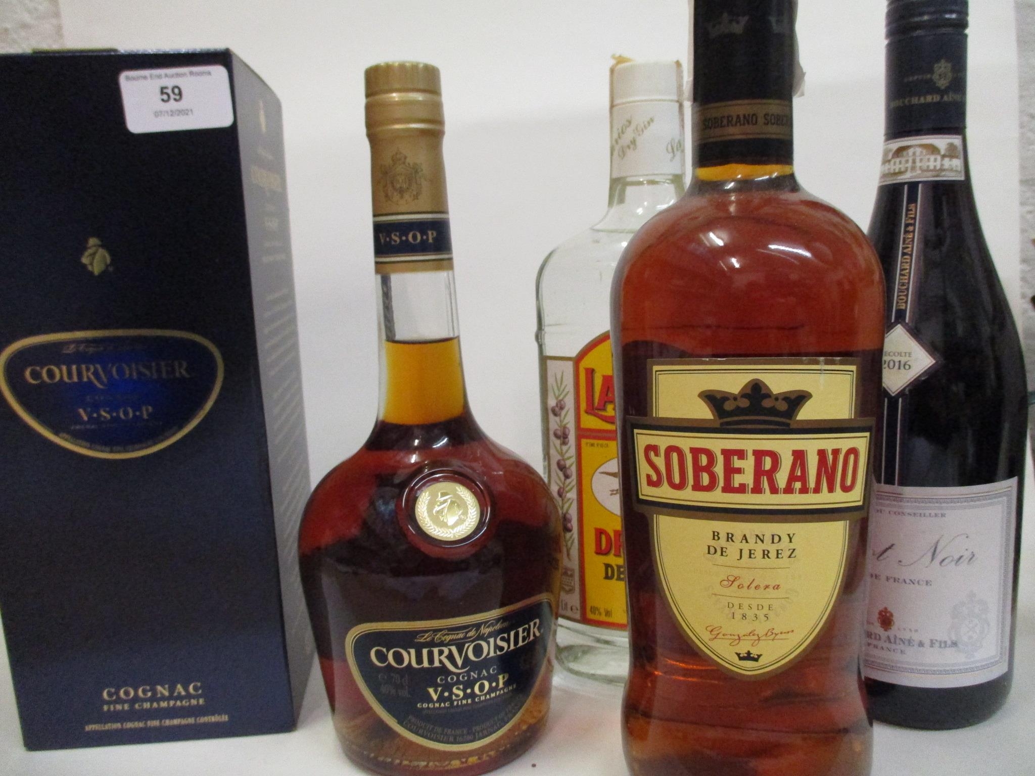 A single bottle of Courvoisier Cognac fine Champagne, 70cl, one bottle of dry gin, Soberano and