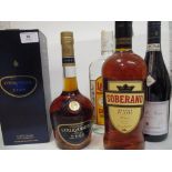 A single bottle of Courvoisier Cognac fine Champagne, 70cl, one bottle of dry gin, Soberano and