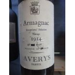 A single bottle of Armagnac Exceptional selection vintage 1914, 65 proof produced in France, Avery's