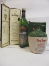 One bottle of Glenfiddich Pure Malt in presentation case, a flagon of Ben Royal scotch whisky,