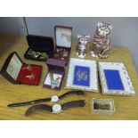 A mixed lot to include two Patek Philippe Limoges dishes, two Crown Derby paperweights with no