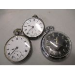 Three pocket watches to include a Victorian silver open faced watch with poker hands