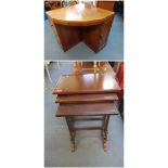 A reproduction mahogany nest of three tables, together with a retro teak corner unit having two