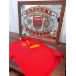 An Arsenal Gunners publican style advertising mirror in an oak frame and a signed red Spanish