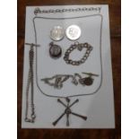 Mixed silver and white metal items to include watch chains, a contemporary necklace stamped with the