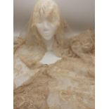 A 19th Century tambour lace cream coloured wedding veil with images of sprigs and thistles, believed