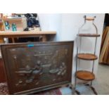 A chrome framed and oak folding cake stand, together with a metal firescreen, Location: RWB