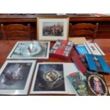 Two framed photographic food related prints and one unframed together with mixed medal related books