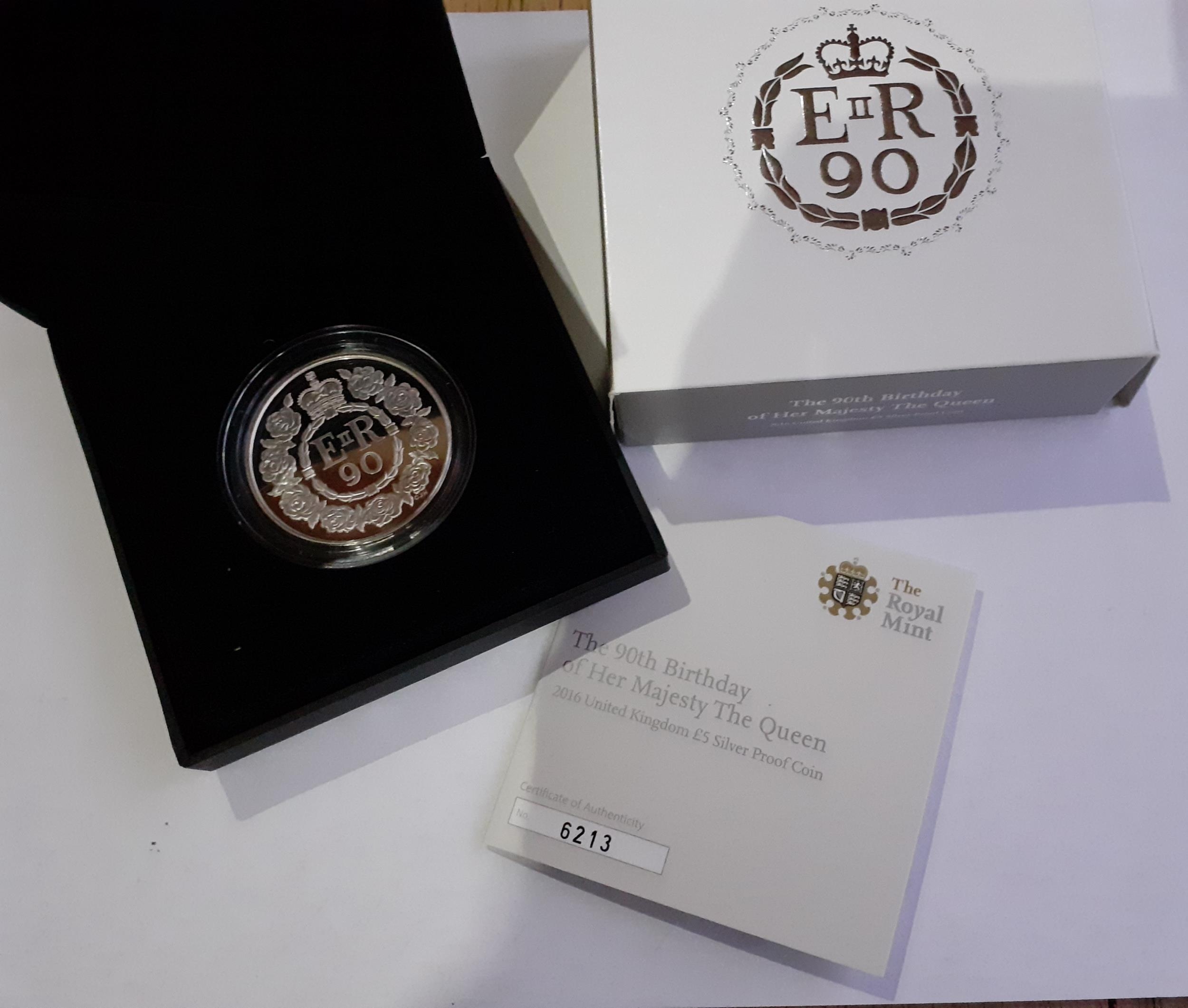 The Royal Mint - The 90th Birthday of Her Majesty The Queen 2016 £5 silver proof coin, 28.28g.