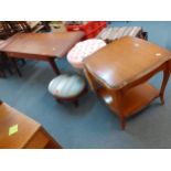 Small furniture comprising an American walnut lamp table with drawer, 2 footstools and a retro