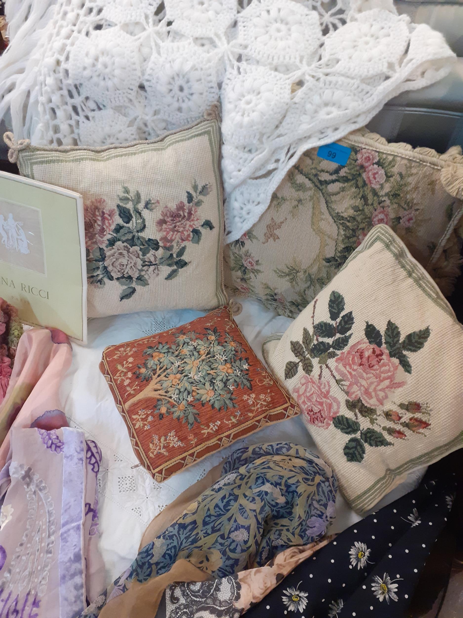 Four small tapestry scatter cushions, a white knitted and crocheted shawl, a vintage white cotton - Image 3 of 4