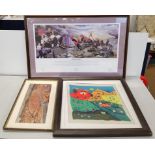 A mixed lot of framed and glazed prints to include a signed print of The Last Run, commemorative the