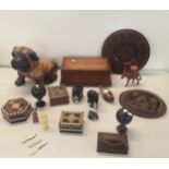 A mixed lot of treen items to include a parquetry inlay box, model lacquered elephants, a