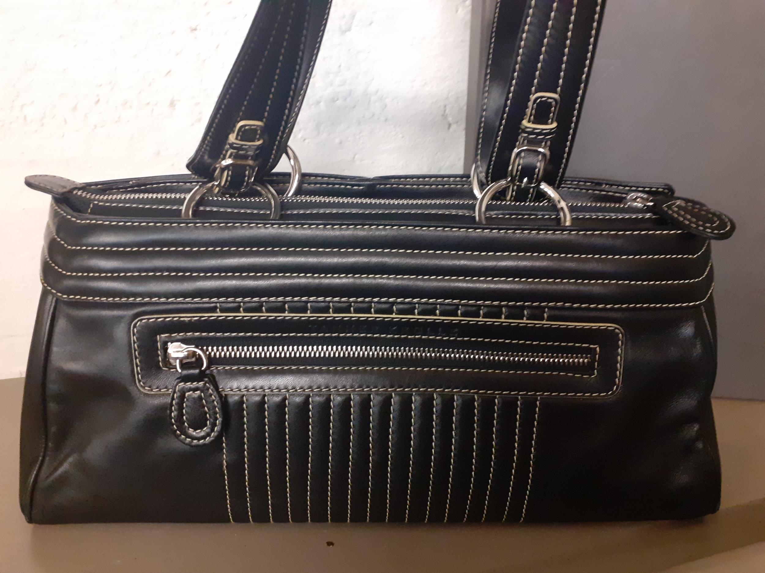 A Tanner Krolle black leather handbag with white stitching in a geometric fashion having silver tone - Image 4 of 4