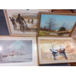 Four pictures to include a limited edition print by Rowland Hilder and a retro oil signed Rafael