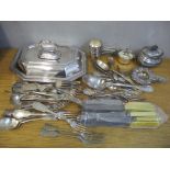 Mixed silver plate to include a tureen, cutlery tea strainer and other items