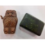 A Victorian brass owl on perch novelty vesta case and a green metallic snuff box Location: cab