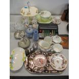 A mixed lot to include a Victorian painted jug, Wedgwood Jasperware, silver plate, Dresden cup and