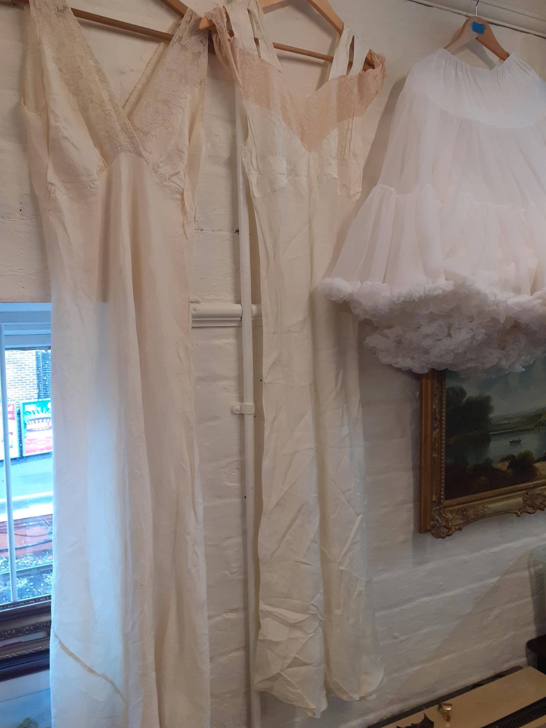 Two ladies cream and lace night gowns and a white tiered underskirt, size small Location: Rail - Image 2 of 2