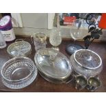 A mixed lot to include Scottish silver sugar tongs, silver plated jugs, cut glass bowl with a silver