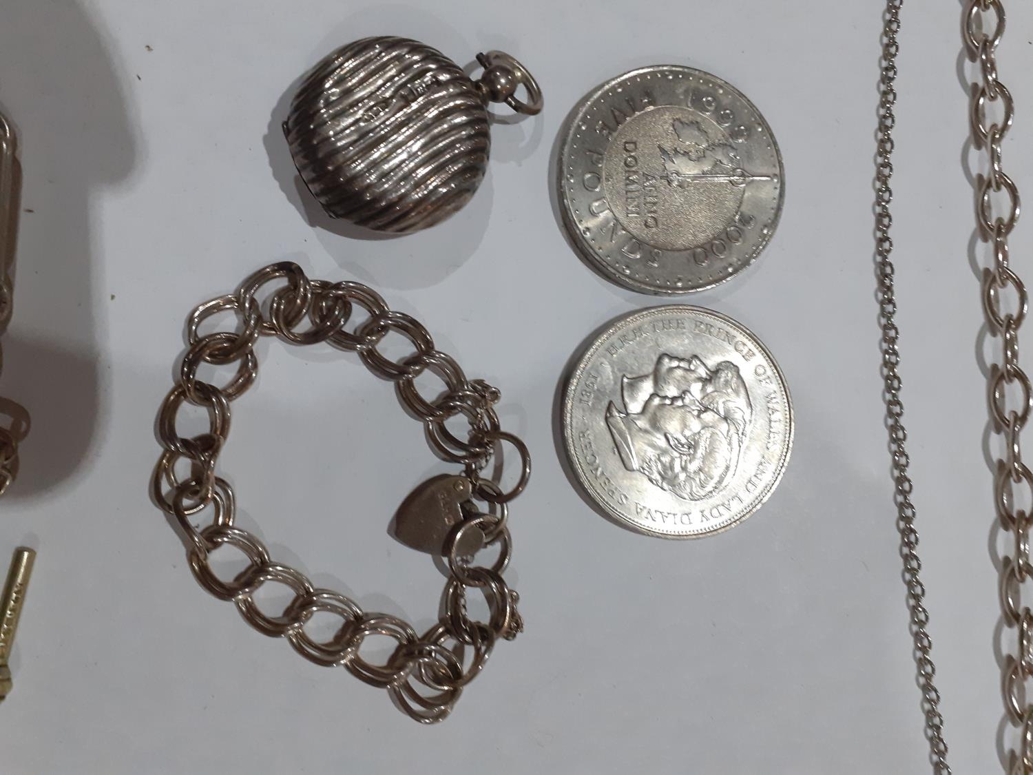 Mixed silver and white metal items to include watch chains, a contemporary necklace stamped with the - Image 3 of 3