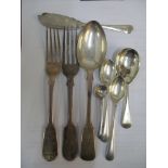 Mixed silver cutlery to include a fork and spoon with family crest to the handles, 202.6g