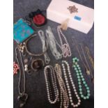 Mixed costume jewellery to include bead and coloured seed pearl necklaces, earrings, gold tone