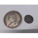 An Edward I Long Cross silver penny, an 1887 Crown and three Victorian threepences Location: Cab