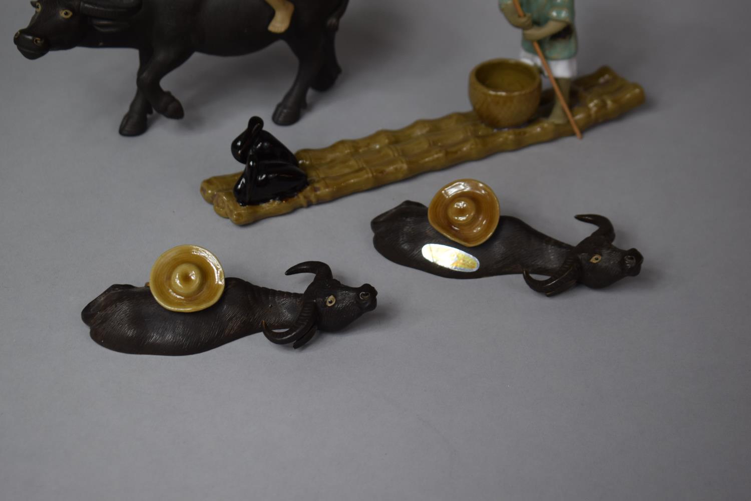 A Collection of Various Mud Men Figures to Include Mounted Boy on Water Buffalo, Fisherman on Bamboo - Image 4 of 4