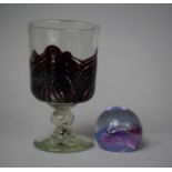 A Hand Blown Rummer with Aubergine Stylistic Decoration to Bowl, Having Central Flatten Knop, Signed