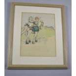 A Framed Cartoon Print Depicting Children Mounted on Horse En-route to Market Day, 25cm wide