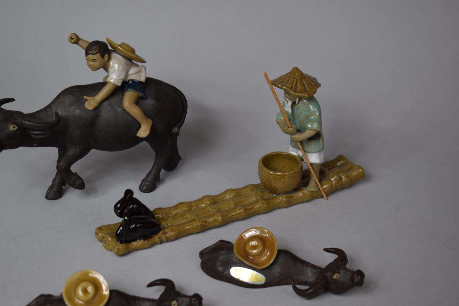 A Collection of Various Mud Men Figures to Include Mounted Boy on Water Buffalo, Fisherman on Bamboo - Image 3 of 4