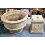 A Large Reconstituted Stone Planter with Stepped Column Plinth Base with Central Swag Decoction,