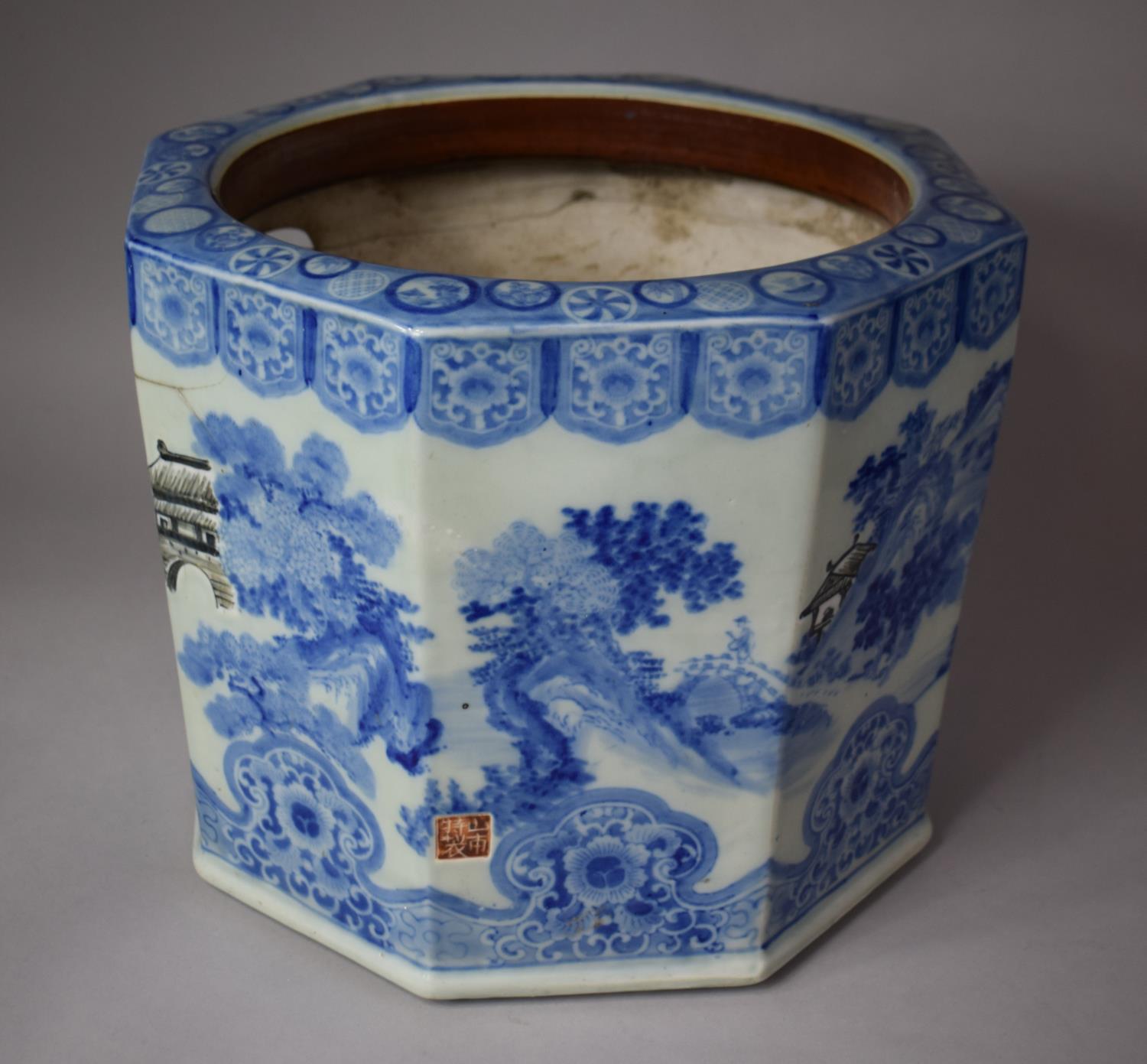 A Large Rectangular Blue and White Oriental Planter with Red Seal Mark to Side Panel, Crack and Loss - Image 2 of 7