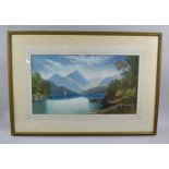 A Framed Acrylic Depicting Continental Lake Scene with Mountains to Background, Monogrammed E.C.M,