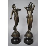 A Pair of French Bronzed Spelter figures of Classical Figures on Turned Wooden Socles, 41cm high