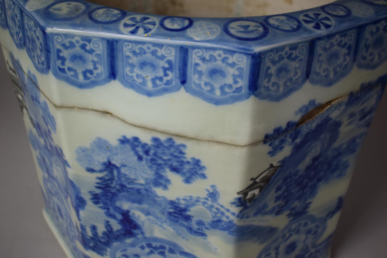 A Large Rectangular Blue and White Oriental Planter with Red Seal Mark to Side Panel, Crack and Loss - Image 4 of 7