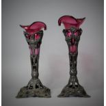 Two 19th Century Cranberry Glass and Cast Metal Epergnes of Tapering Form. The Metal Holders with
