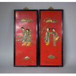 Two Early 20th Century Japanese Red and Black Lacquer Shibayama Style Panels Depicting Geisha
